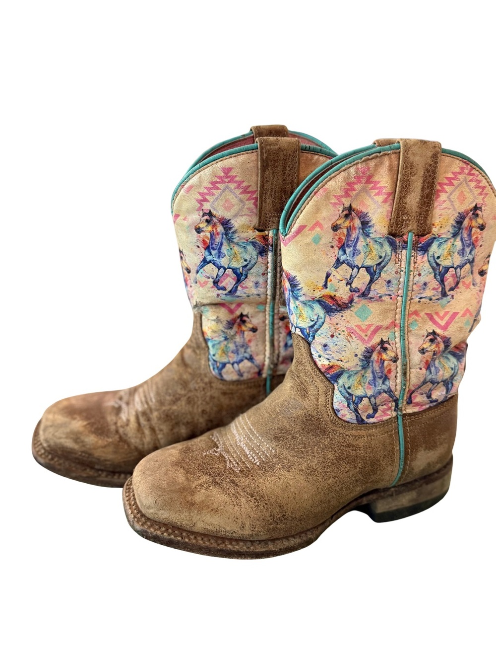 Kids Brown Western Boots with Colorful Horse Print